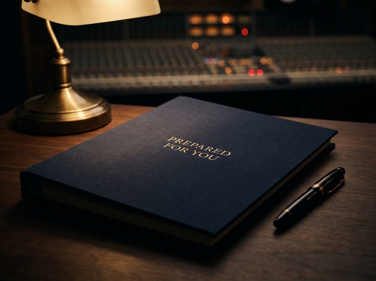 A midnight-blue folio embossed 'Prepared for you' in gold, on a studio desk beside a mixing console