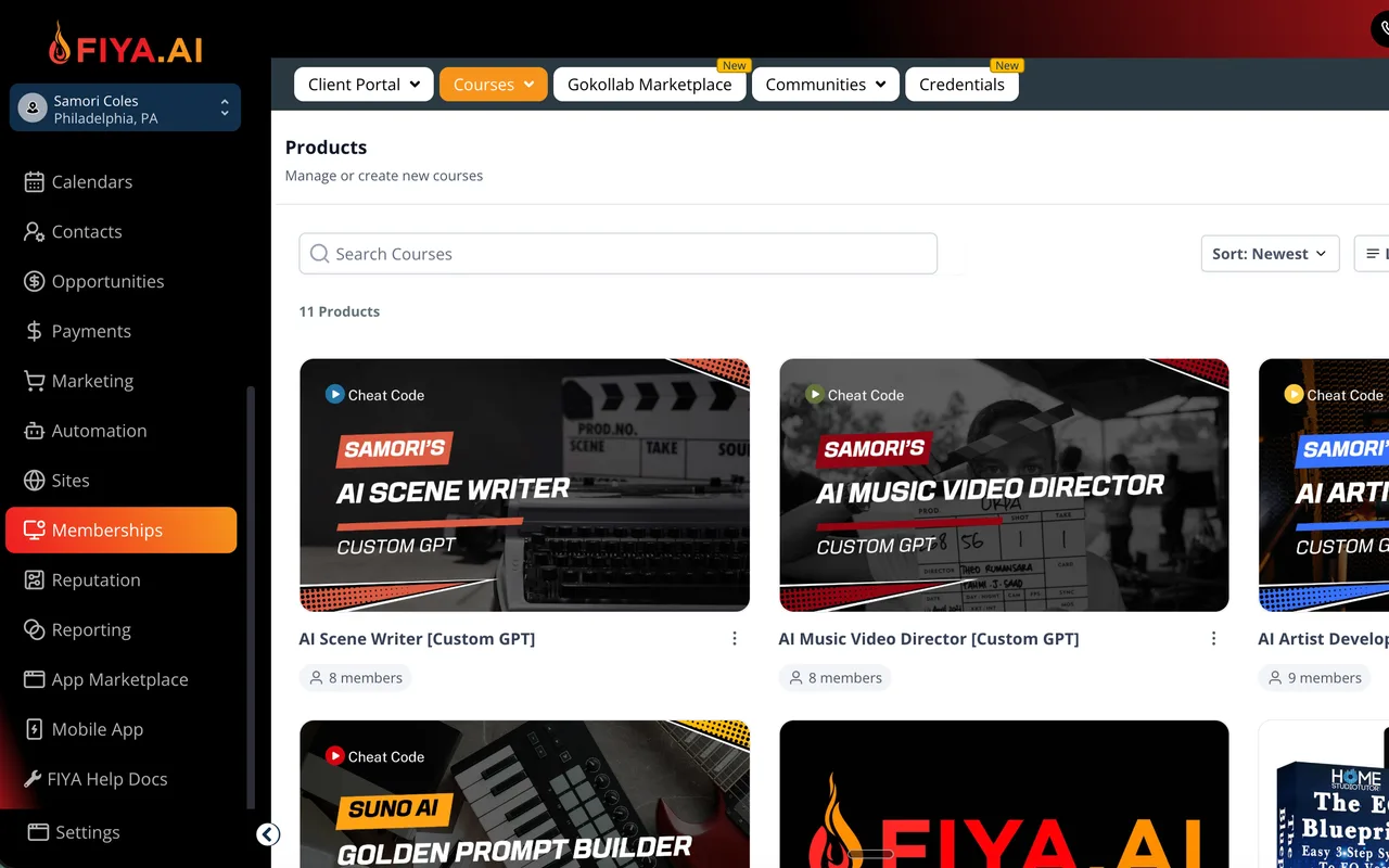 The Fiya.AI CRM portal with custom GPT products built with Claude