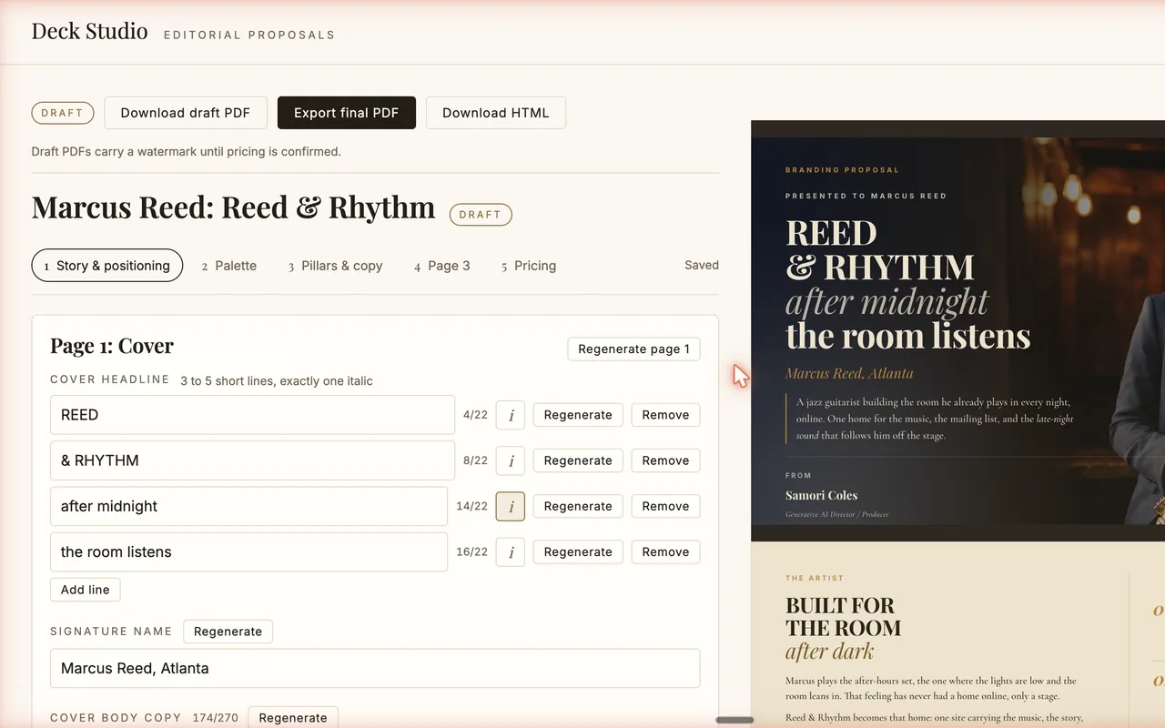 Deck Studio, a custom proposal app built with Claude, showing a demo artist proposal