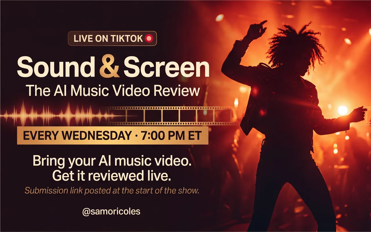 Sound & Screen show artwork: The AI Music Video Review, live on TikTok Wednesdays 7PM ET